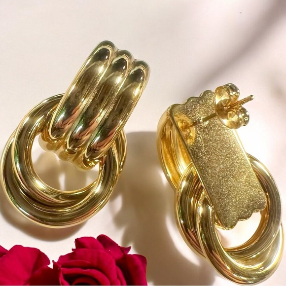 NEW Yellow Gold-Plated Stainless Steel Knotted & Looped Drop Earrings Celeb Fav - Picture 5 of 13